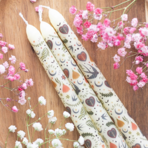 Set of 3 Cream Midnight Bloom Print Taper Candles